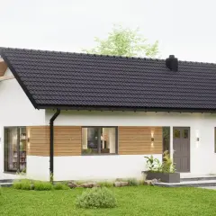 Nowoczesny dom drewniany 70m2, z białym tynkiem i drewnianymi akcentami. Idealny na spokojne życie.