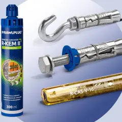 Butelka z kotwą chemiczną i kotwy mechaniczne do betonu.