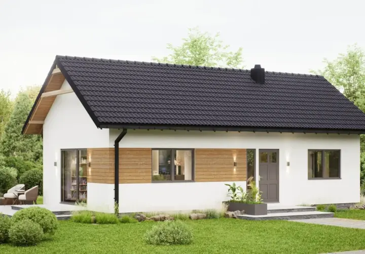 Nowoczesny dom drewniany 70m2, z białym tynkiem i drewnianymi akcentami. Idealny na spokojne życie.