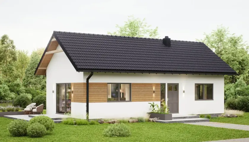 Nowoczesny dom drewniany 70m2, z białym tynkiem i drewnianymi akcentami. Idealny na spokojne życie.