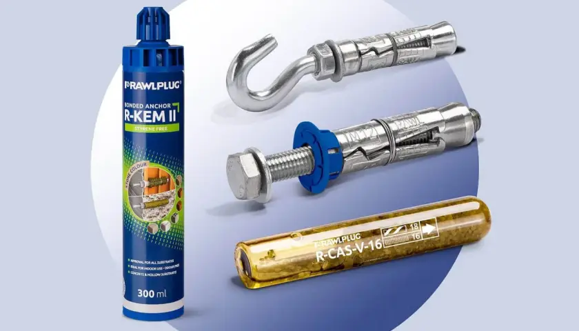 Butelka z kotwą chemiczną i kotwy mechaniczne do betonu.