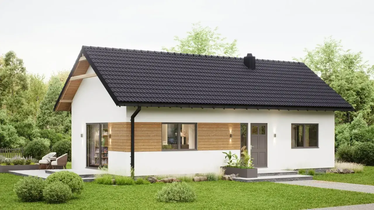 Nowoczesny dom drewniany 70m2, z białym tynkiem i drewnianymi akcentami. Idealny na spokojne życie.