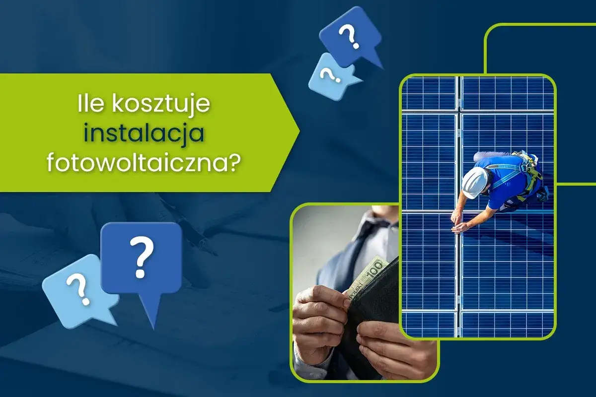Zastanawiasz się, ile kosztuje montaż paneli fotowoltaicznych? Obrazek pokazuje instalatora przy pracy i portfel z pieniędzmi, sugerując analizę kosztów.